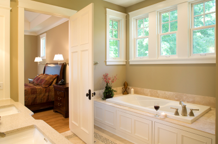 New master bathroom suite looking in master bedroom.